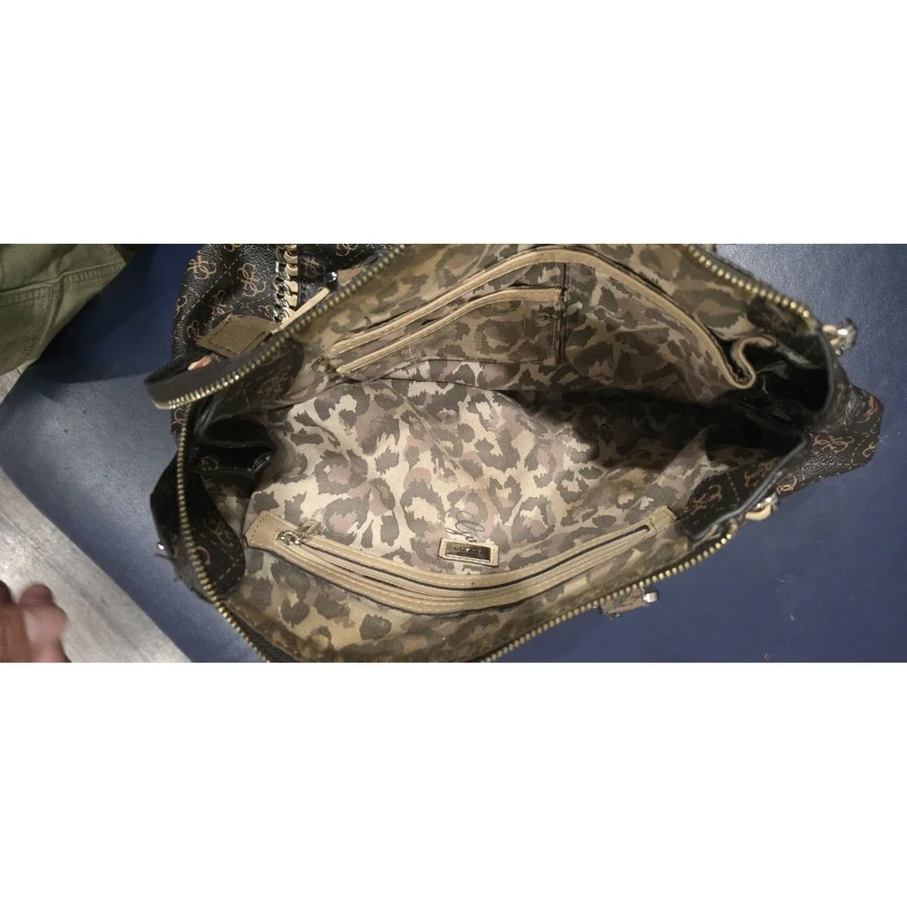 GUESS‎ Brown Beige Logo Chain Studded Satchel Bag Silver Hardware